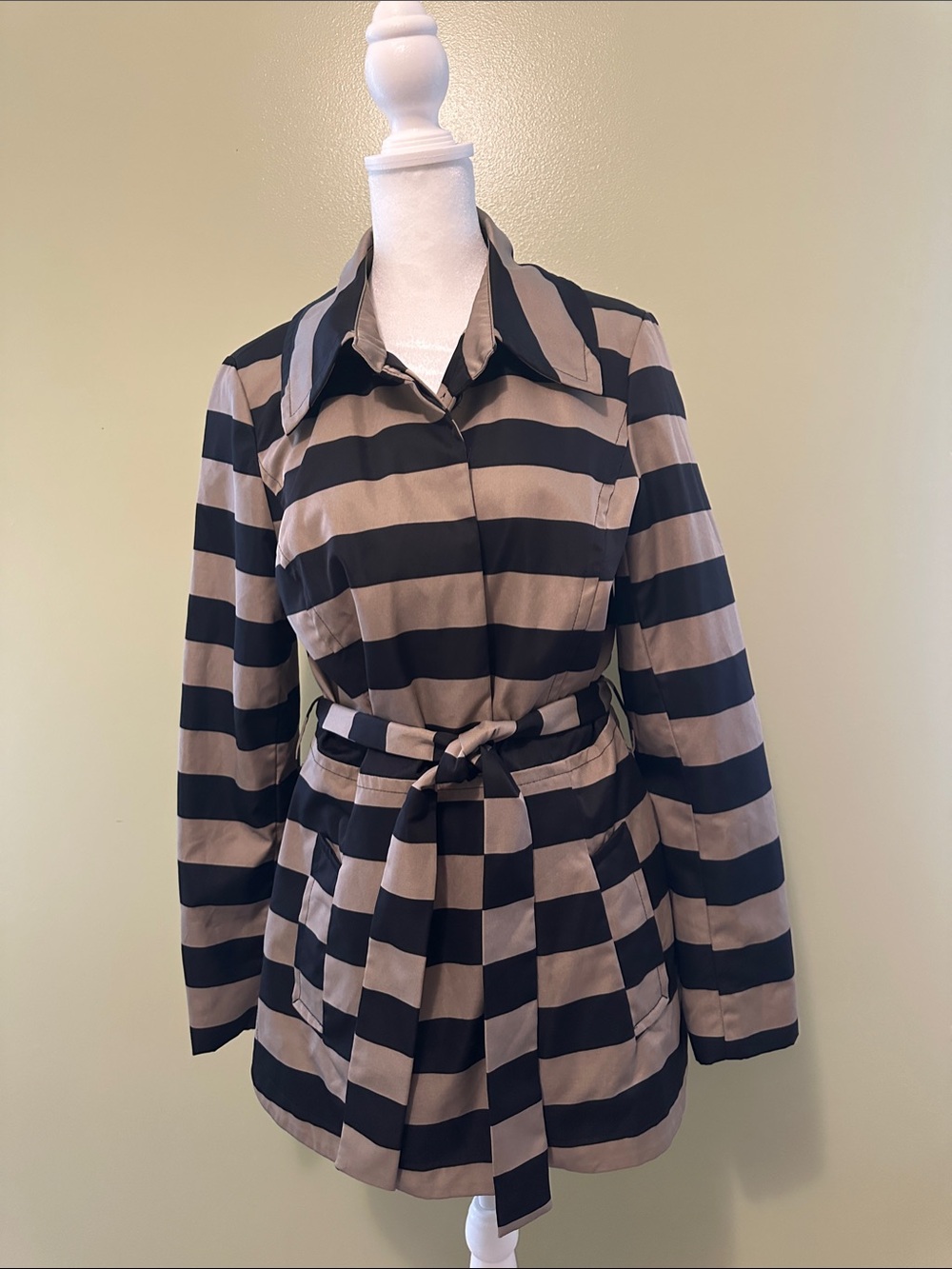 Cynthia Rowley Black & Taupe Striped Belted Trench Coat